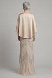Mermaid Champagne Beaded Satin Round Neck Long Mother of the Bride Dress
