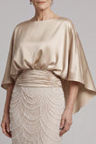 Mermaid Champagne Beaded Satin Round Neck Long Mother of the Bride Dress