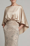Mermaid Champagne Beaded Satin Round Neck Long Mother of the Bride Dress
