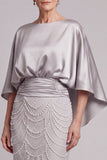 Mermaid Champagne Beaded Satin Round Neck Long Mother of the Bride Dress