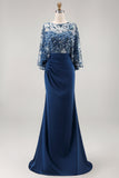 Satin Ruched Floral Appliqued Sheath Navy Long Mother of the Bride Dress