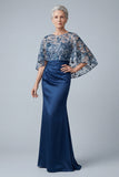 Satin Ruched Floral Appliqued Sheath Navy Long Mother of the Bride Dress