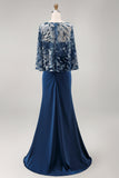 Satin Ruched Floral Appliqued Sheath Navy Long Mother of the Bride Dress
