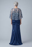 Satin Ruched Floral Appliqued Sheath Navy Long Mother of the Bride Dress
