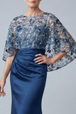 Satin Ruched Floral Appliqued Sheath Navy Long Mother of the Bride Dress