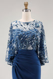 Satin Ruched Floral Appliqued Sheath Navy Long Mother of the Bride Dress