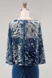 Satin Ruched Floral Appliqued Sheath Navy Long Mother of the Bride Dress