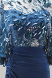 Satin Ruched Floral Appliqued Sheath Navy Long Mother of the Bride Dress