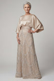 Sparkly Beaded Champagne Satin Flutter Sleeves Long Mother of the Bride Dress