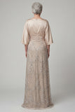 Sparkly Beaded Champagne Satin Flutter Sleeves Long Mother of the Bride Dress