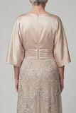 Sparkly Beaded Champagne Satin Flutter Sleeves Long Mother of the Bride Dress