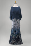 Sparkly Navy Floral Sheath Satin Long Mother of the Bride Dress