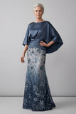 Sparkly Navy Floral Sheath Satin Long Mother of the Bride Dress
