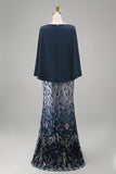 Sparkly Navy Floral Sheath Satin Long Mother of the Bride Dress