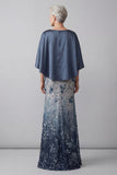 Sparkly Navy Floral Sheath Satin Long Mother of the Bride Dress