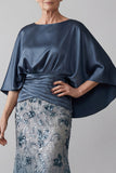 Sparkly Navy Floral Sheath Satin Long Mother of the Bride Dress
