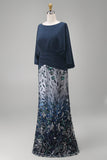 Sparkly Navy Floral Sheath Satin Long Mother of the Bride Dress