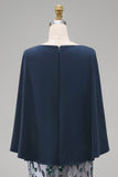 Sparkly Navy Floral Sheath Satin Long Mother of the Bride Dress
