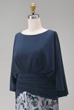 Sparkly Navy Floral Sheath Satin Long Mother of the Bride Dress