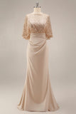 Sparkly Sequined Champagne Satin Mermaid Long Mother of the Bride Dress