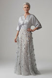 V Neck A Line Satin Sliver Floral Appliqued Long Mother of the Bride Dress