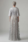 V Neck A Line Satin Sliver Floral Appliqued Long Mother of the Bride Dress