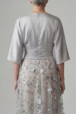 V Neck A Line Satin Sliver Floral Appliqued Long Mother of the Bride Dress