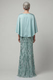 Blue V Neck A Line Satin Floral Appliqued Long Mother of the Bride Dress