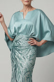 Blue V Neck A Line Satin Floral Appliqued Long Mother of the Bride Dress
