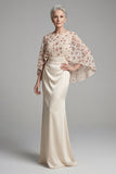 Beaded Ivory Sheath Appliqued Long Mother of the Bride Dress with Cape