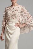 Beaded Ivory Sheath Appliqued Long Mother of the Bride Dress with Cape