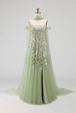 Dusty Sage Tulle Floral Neck Scarf A Line Long Prom Dress with Slit