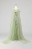 Dusty Sage Tulle Floral Neck Scarf A Line Long Prom Dress with Slit