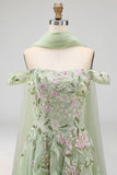 Dusty Sage Tulle Floral Neck Scarf A Line Long Prom Dress with Slit