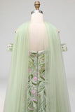 Dusty Sage Tulle Floral Neck Scarf A Line Long Prom Dress with Slit