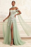 Dusty Sage Tulle Floral Neck Scarf A Line Long Prom Dress with Slit