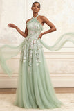 Dusty Sage Tulle Floral Halter A Line Embroidered Long Prom Dress