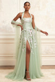 Floral Dusty Sage Tulle Embroidered A Line Long Prom Dress with Slit