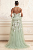 Floral Dusty Sage Tulle Embroidered A Line Long Prom Dress with Slit