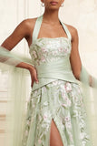 Floral Dusty Sage Tulle Embroidered A Line Long Prom Dress with Slit