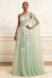 Floral Dusty Sage Tulle One Shoulder A Line Long Prom Dress with Side Cape