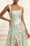 Floral Dusty Sage Tulle Empire Waist A Line Long Prom Dress with Slit