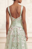 Floral Dusty Sage Tulle Empire Waist A Line Long Prom Dress with Slit