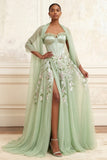 Floral Dusty Sage Tulle Corset Embroidered A Line Long Prom Dress with Shawl