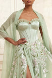Floral Dusty Sage Tulle Corset Embroidered A Line Long Prom Dress with Shawl