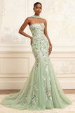 Floral Dusty Sage Tulle Embroidered Mermaid Long Prom Dress with Neck Scarf