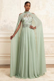 Floral Dusty Sage A Line Chiffon Long Prom Dress with Side Cape