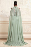 Floral Dusty Sage A Line Chiffon Long Prom Dress with Side Cape