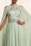 Floral Dusty Sage A Line Chiffon Long Prom Dress with Side Cape