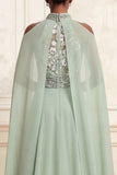 Floral Dusty Sage A Line Chiffon Long Prom Dress with Side Cape